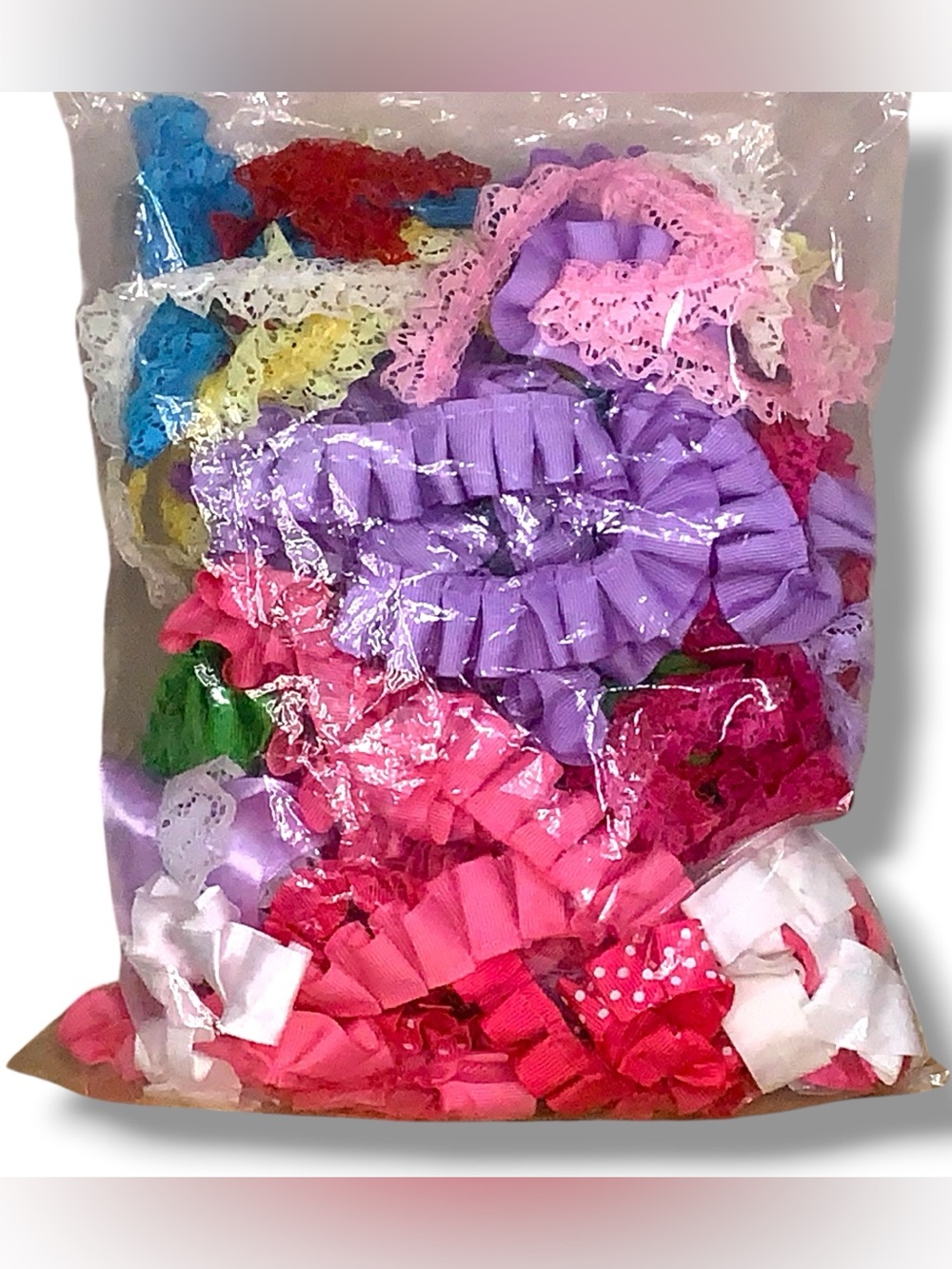 Grab Bag Of Assorted Lace Trim Pleated Ribbon Sewing Gallon Bag Colorful